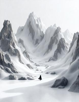 The primary subject of the image is a person walking through a snowy landscape. The setting is a mountainous area with snow-covered mountains in the background. The visual style is a black and white illustration, giving the image a classic and timeless feel. The dominant colors are shades of gray and white, creating a cold and serene atmosphere.